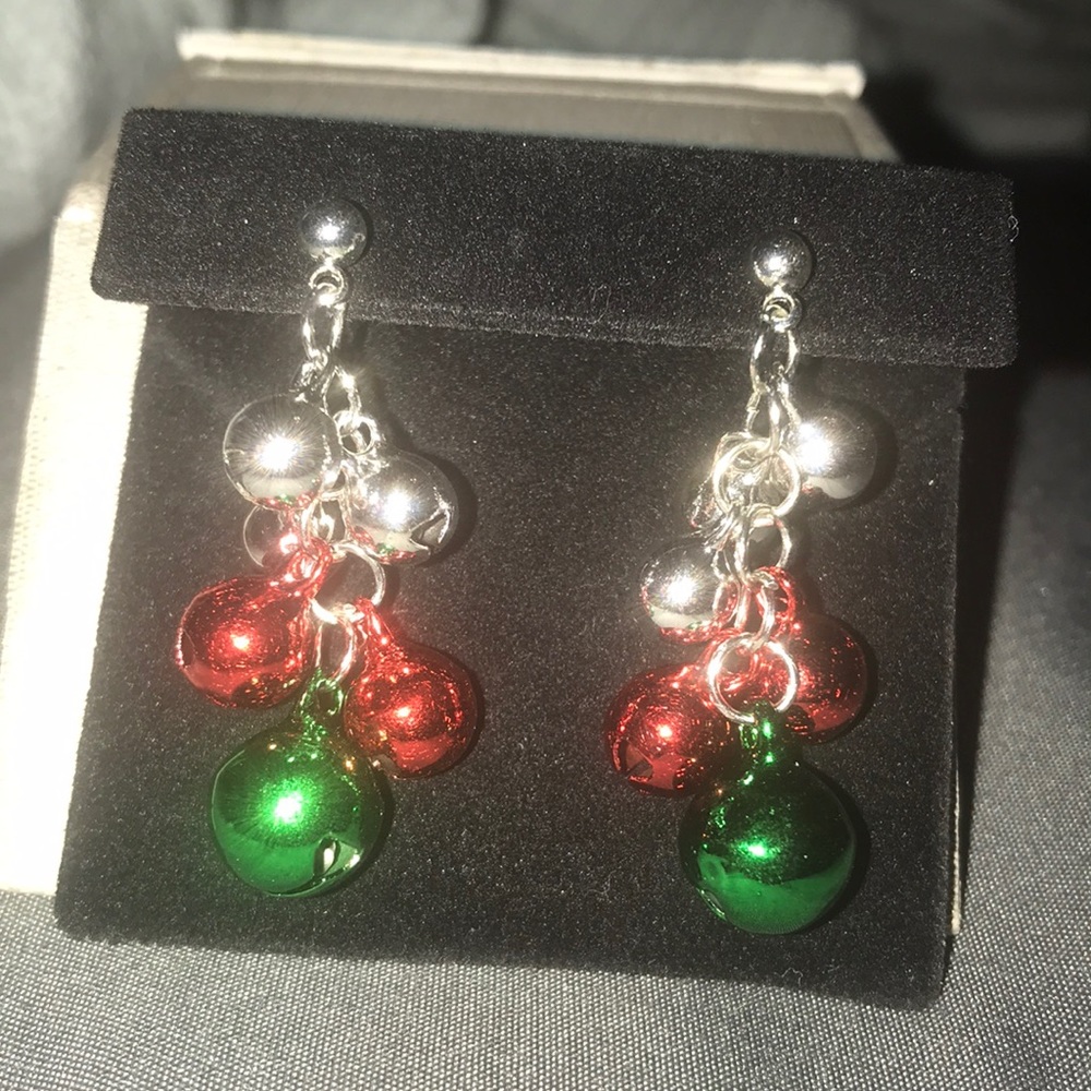 Earrings Christmas jingle dangle earrings. Red green and silver.